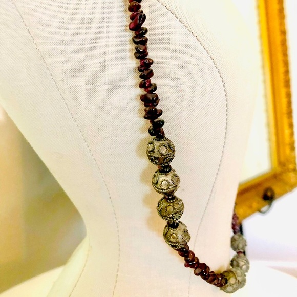 Vintage Deco Garnet Filigree Bead Necklace - Picture 4 of 15